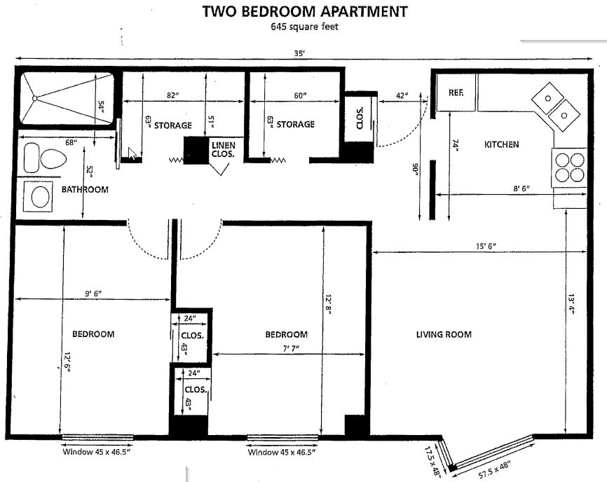 Floor plan for 2 beds, 1 bath, 645 sqft